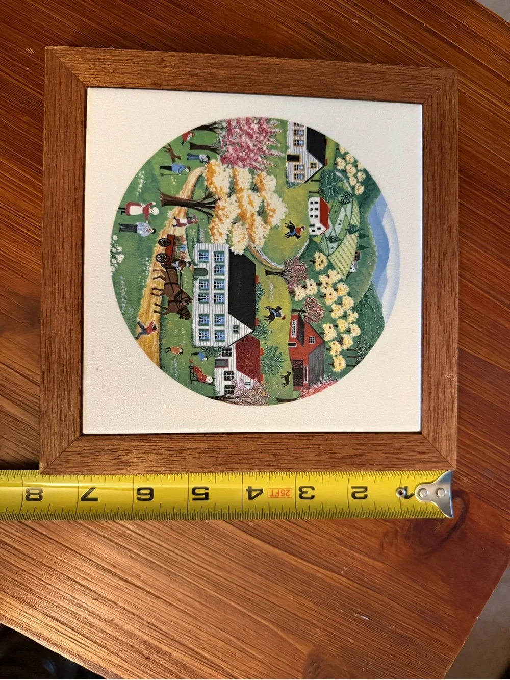 Framed Folk Art Country Scene trivet/wall art tile in a Wood Frame - Multicolori
